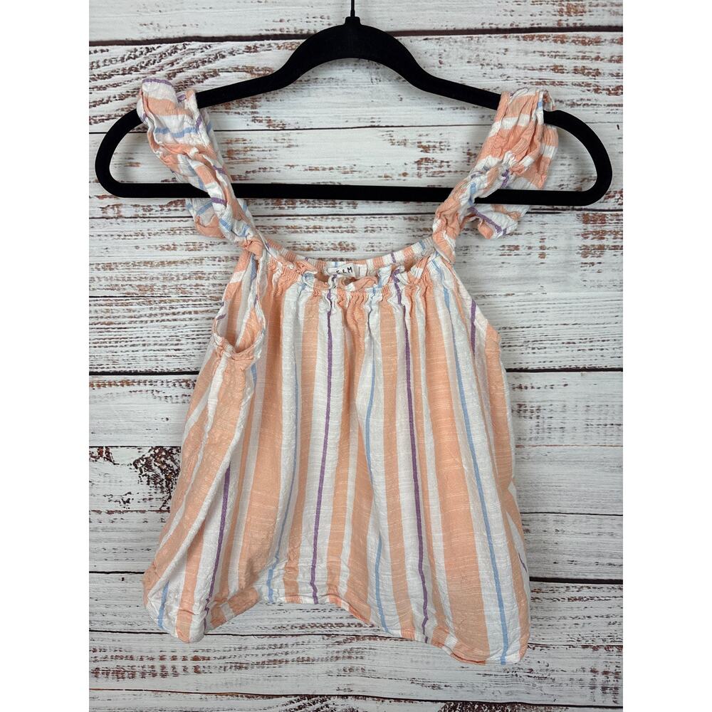 Womens E & M Peach Pastel Stripe Cotton Flowy Tank Top Ruffle Straps Boho Sz M